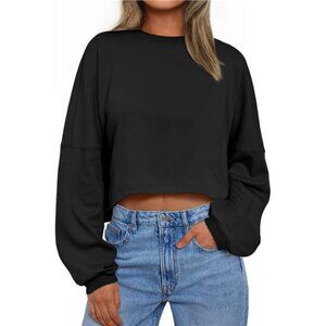 Womens Cropped Sweatshirt Long Sleeve Crewneck Oversized Fall Winter Tops 2025